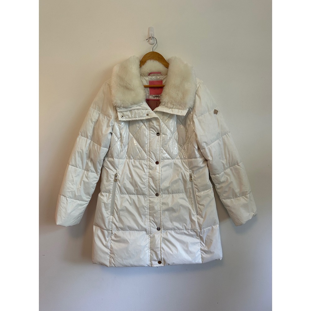 Kate Spade New York White Quilted Puffer Coat with Faux Fur Collar | Size Medium